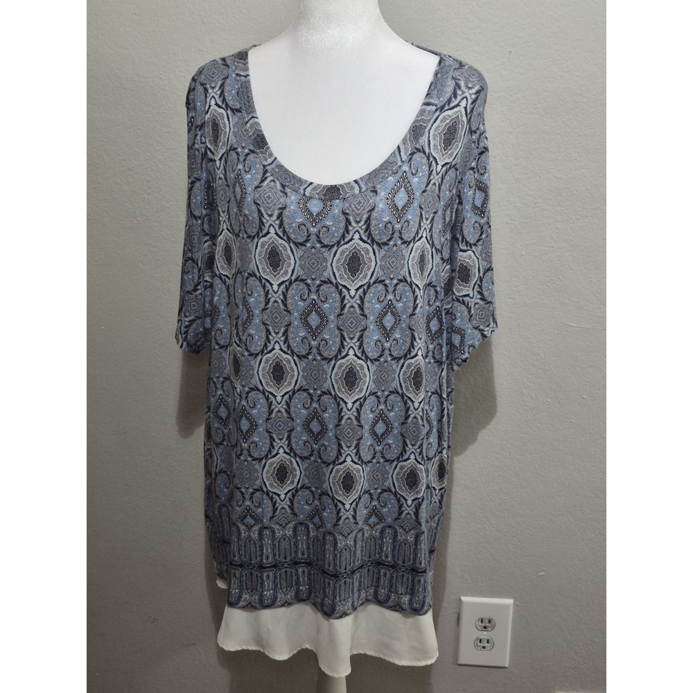 Rose + Olive Layered Top Blouse Size 3X Boho Lagenlook Blue Lagenlook Stretch